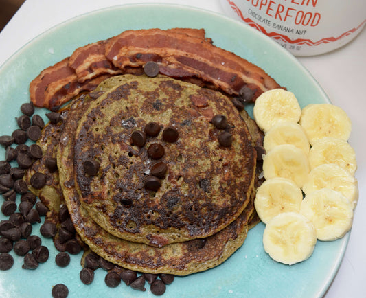 Paleo and Keto Friendly Chocolate Chip Banana Protein Pancakes